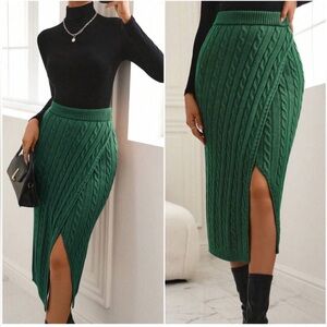 NWT Kelly Green Cable Knit Split Thigh Ribbed
Midi Skirt Warm Sweater Skirt